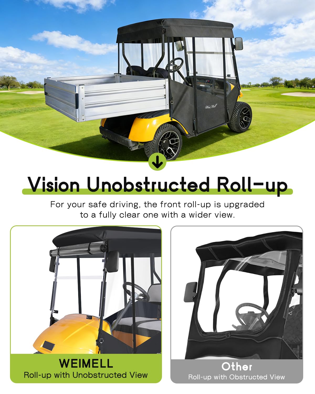 Weimell all-weather golf cart enclosure protecting interior from elements