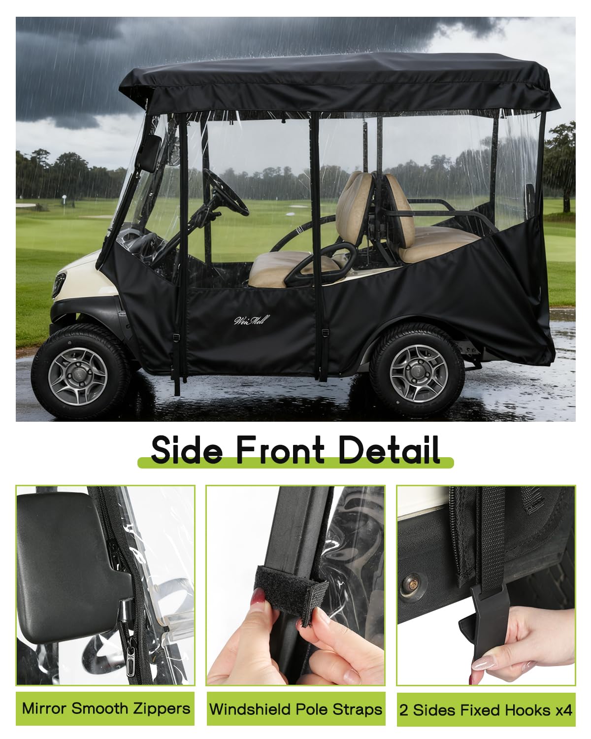 Weimell golf cart enclosure four-sided windows provide daylight and visibility.