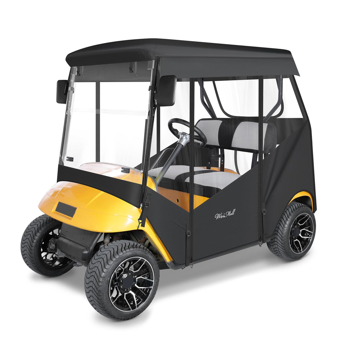 WEIMELL golf cart enclosure front view with clear windows for day and night visibility.