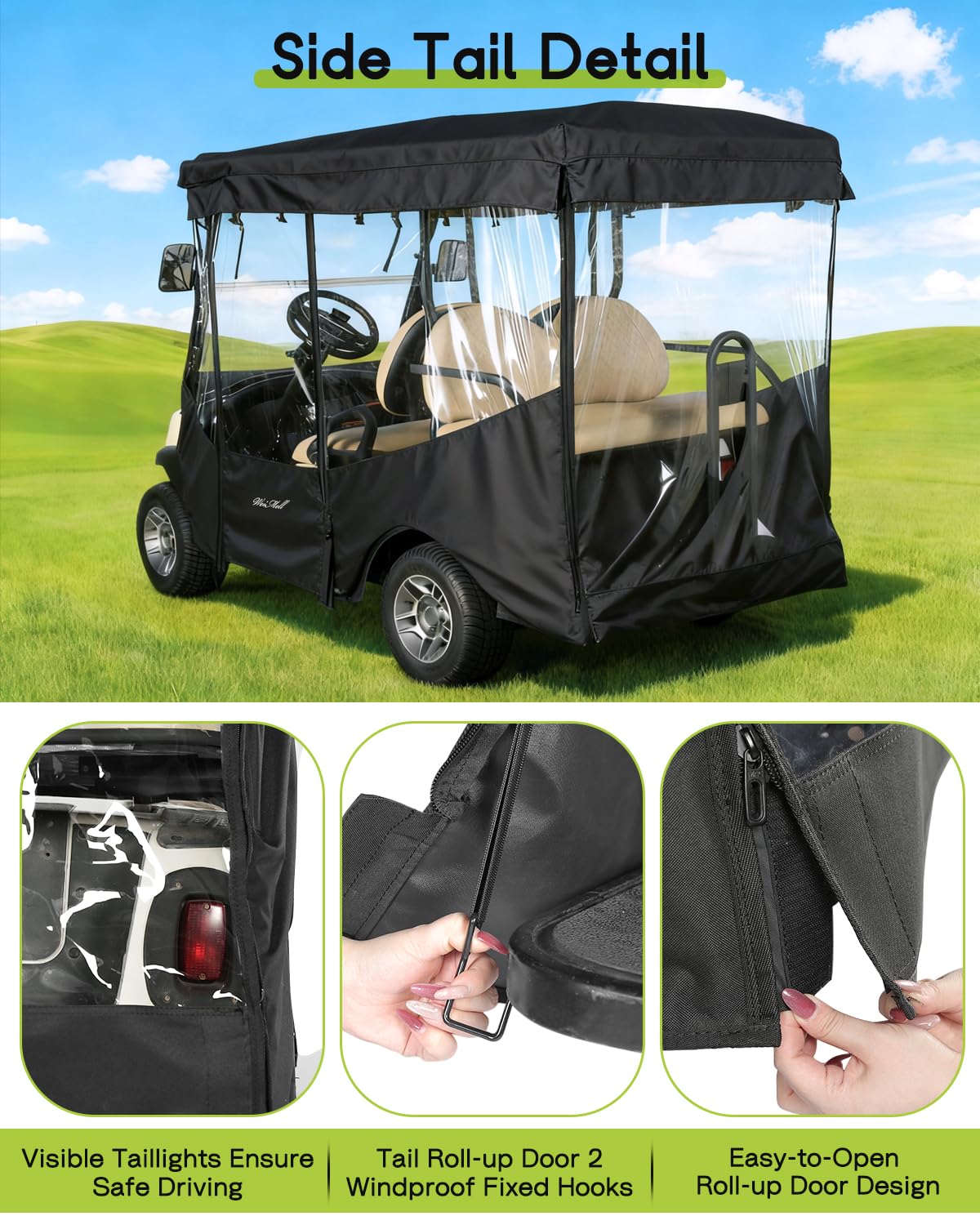 Weimell front windshield roll-up demonstrates easy ventilation.