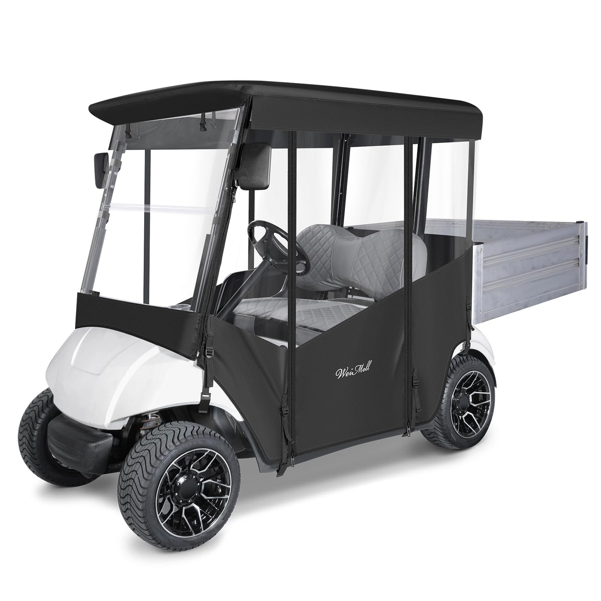 WEIMELL Yamaha G29 enclosure front view with clear windows and roll-up door for all-weather visibility.