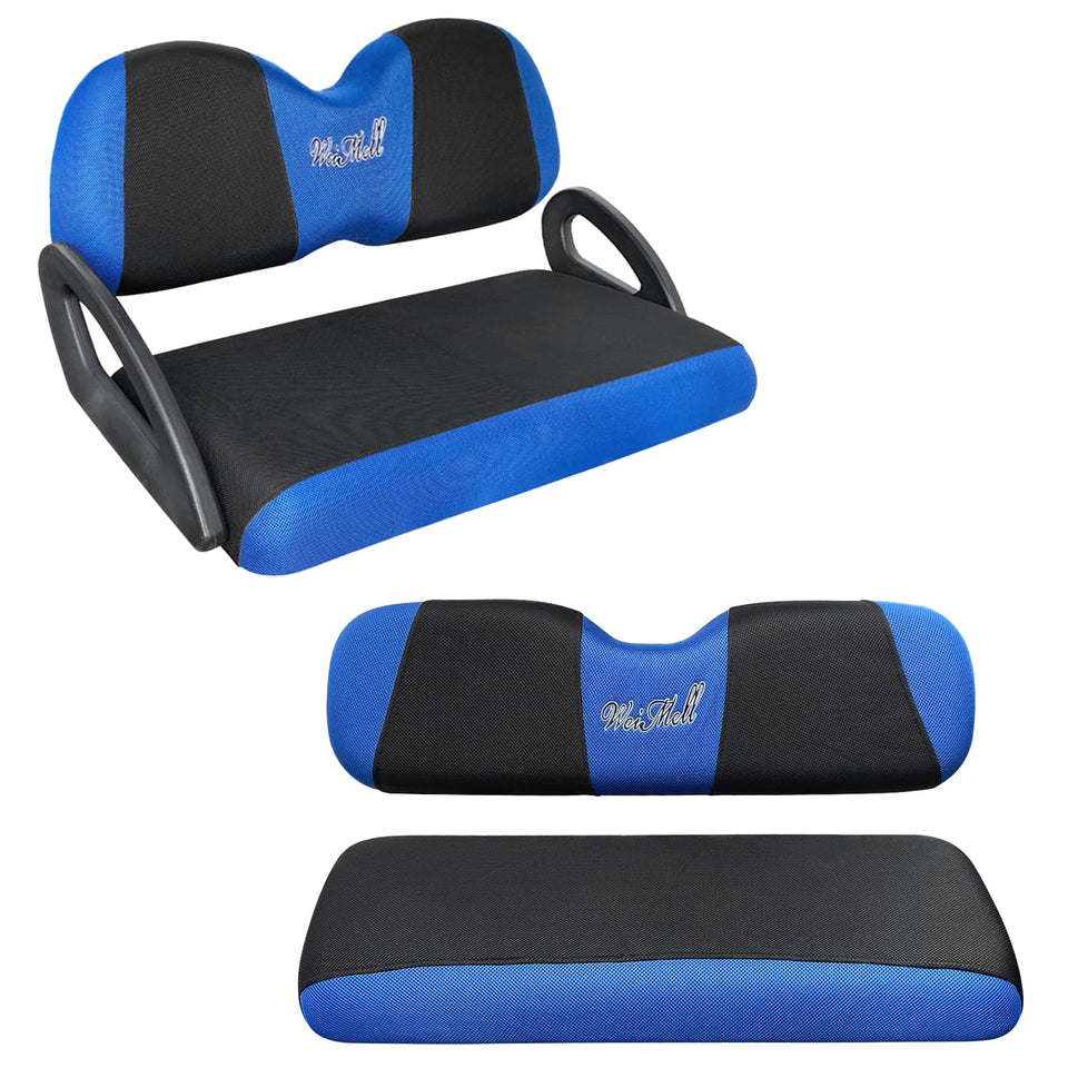 Weimell golf cart front seat cover demonstrates snug fit and breathable comfort.