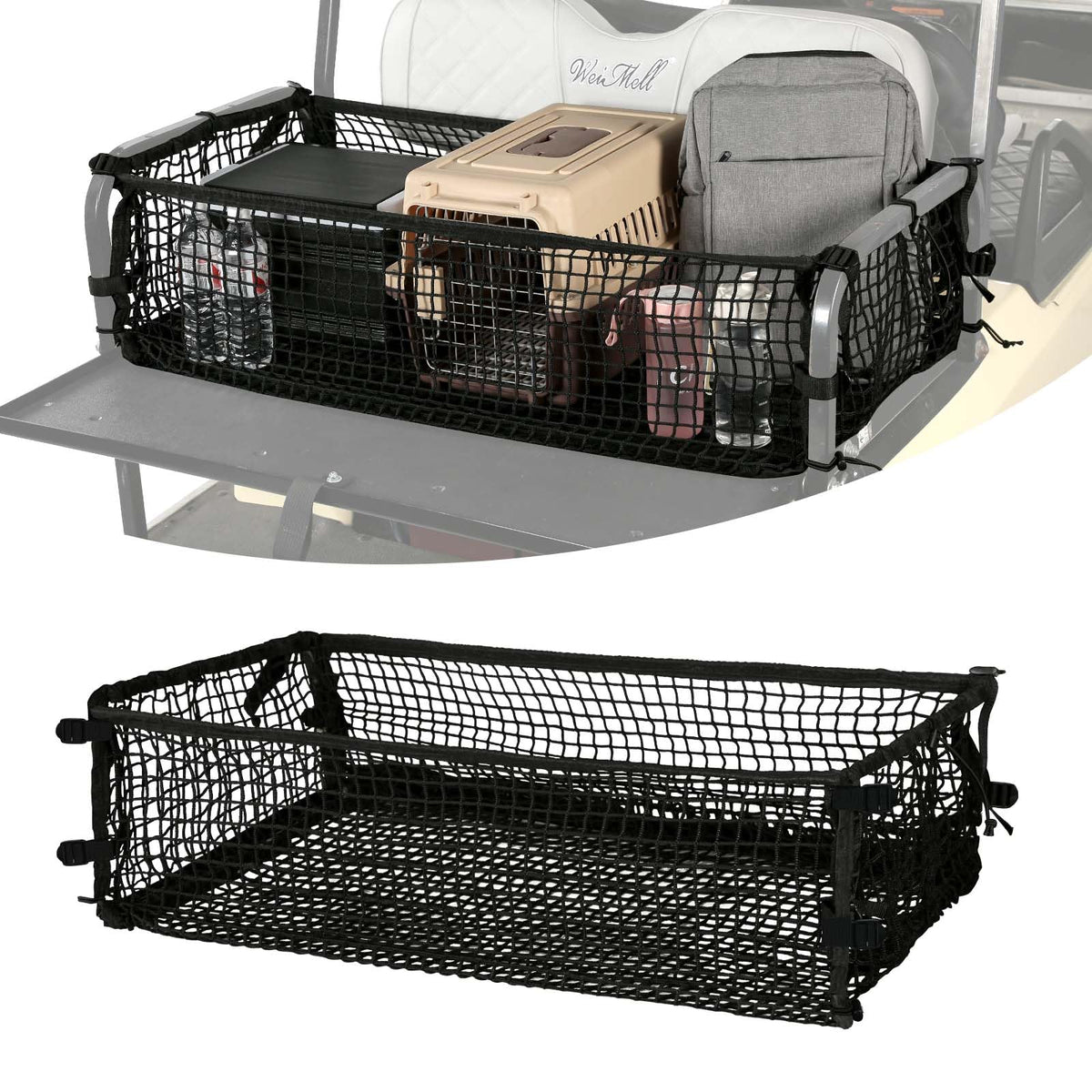 WEIMELL golf cart cargo net attached to back seat for organized storage.