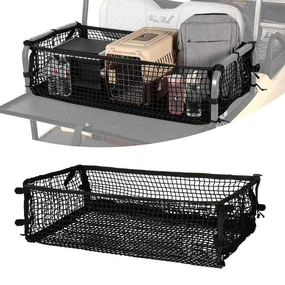 WEIMELL golf cart cargo net attached to back seat for organized storage.