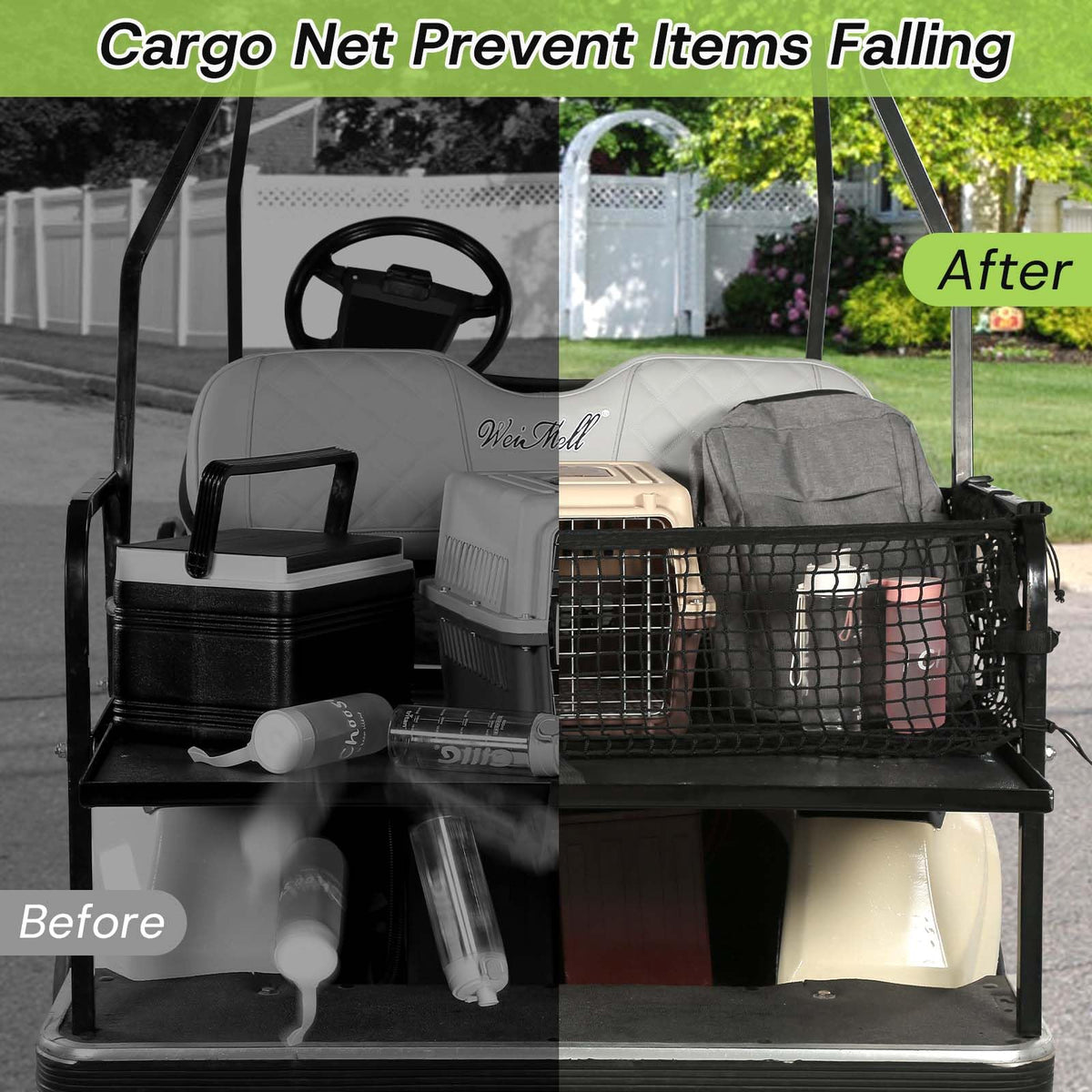 Easy install on WEIMELL golf cart net without tools via straps.