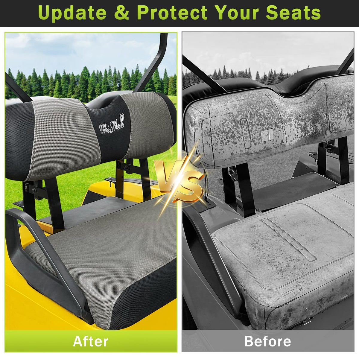 WEIMELL elastic wrap seat cover providing full coverage for EZGO TXT/RXV and Club Car