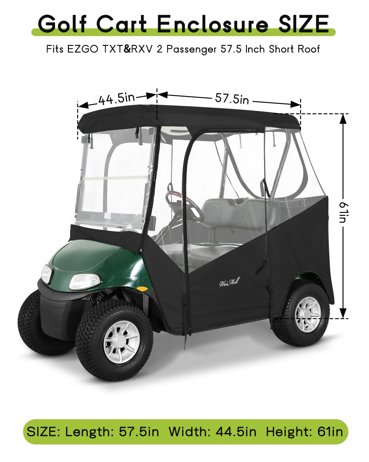 Weimell golf enclosure EZGO TXT RXV side view showing durable fabric