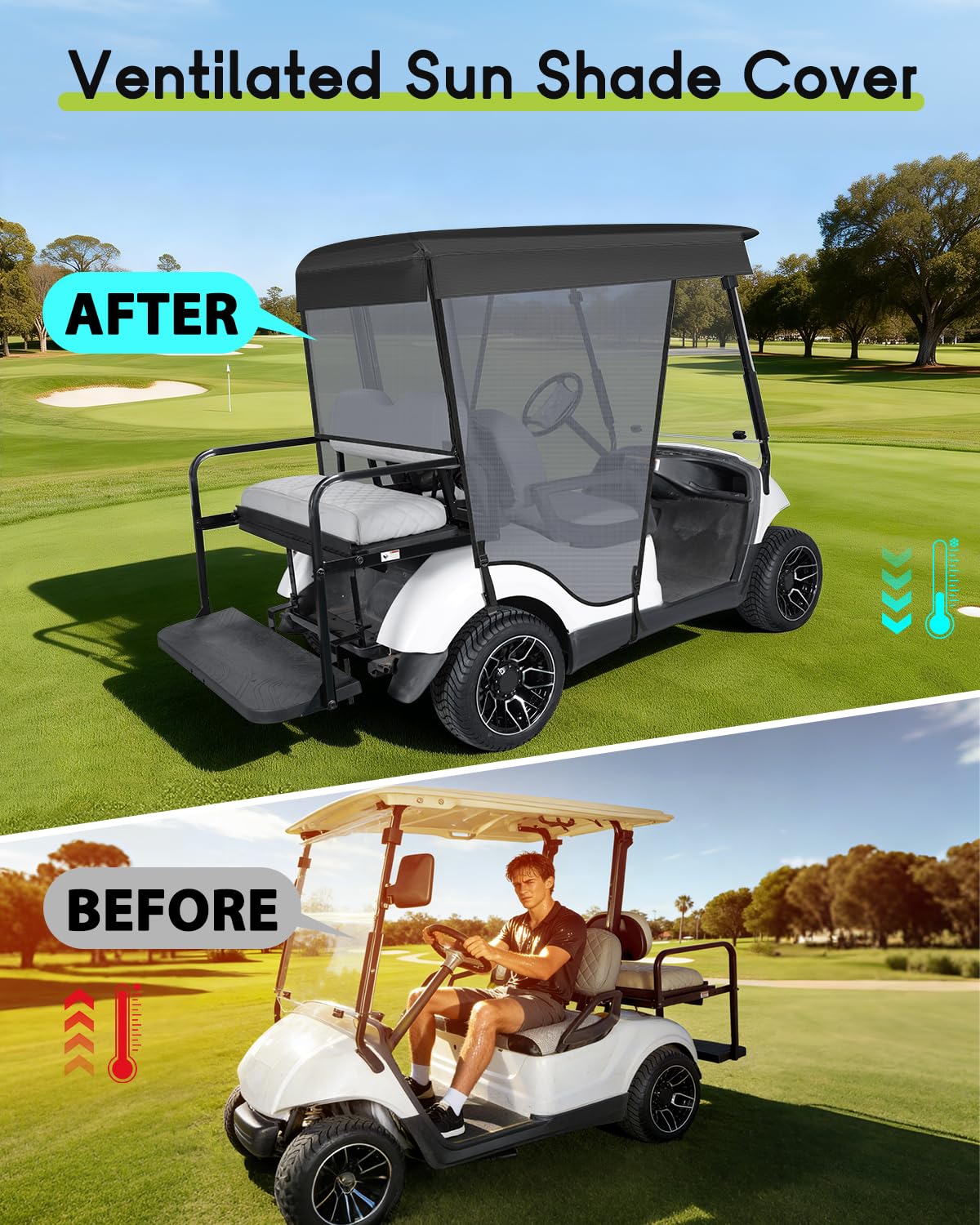 WEIMELL roll-up sun shade for Yamaha G29 open-front view enables easy entry.