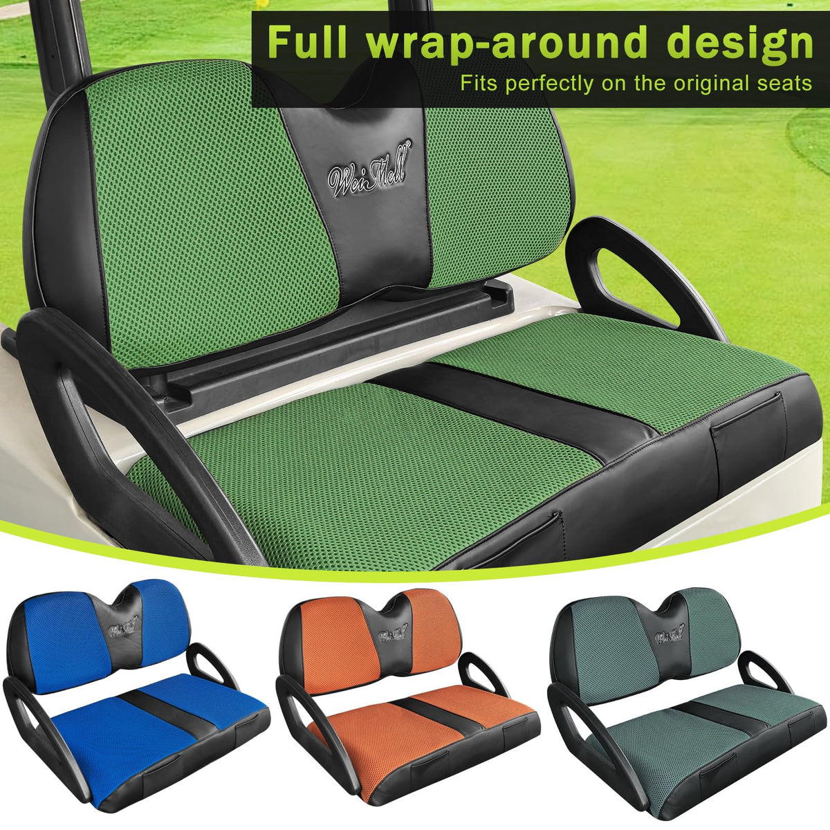 WEIMELL two-tone wrap front seat cover restores luster and shields from wear.