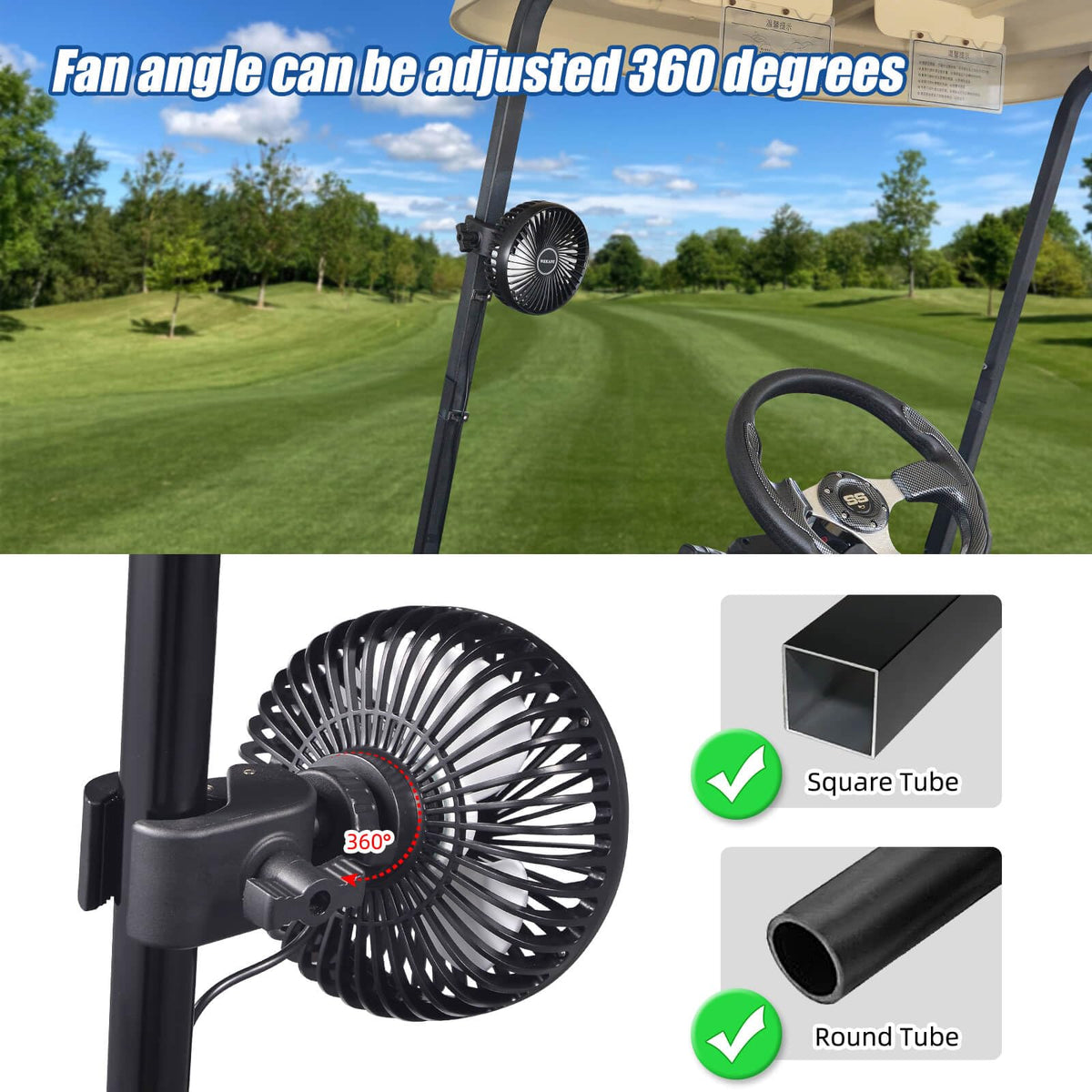 WEKANI golf cart fan 2-inch clip fits diverse frames for versatility