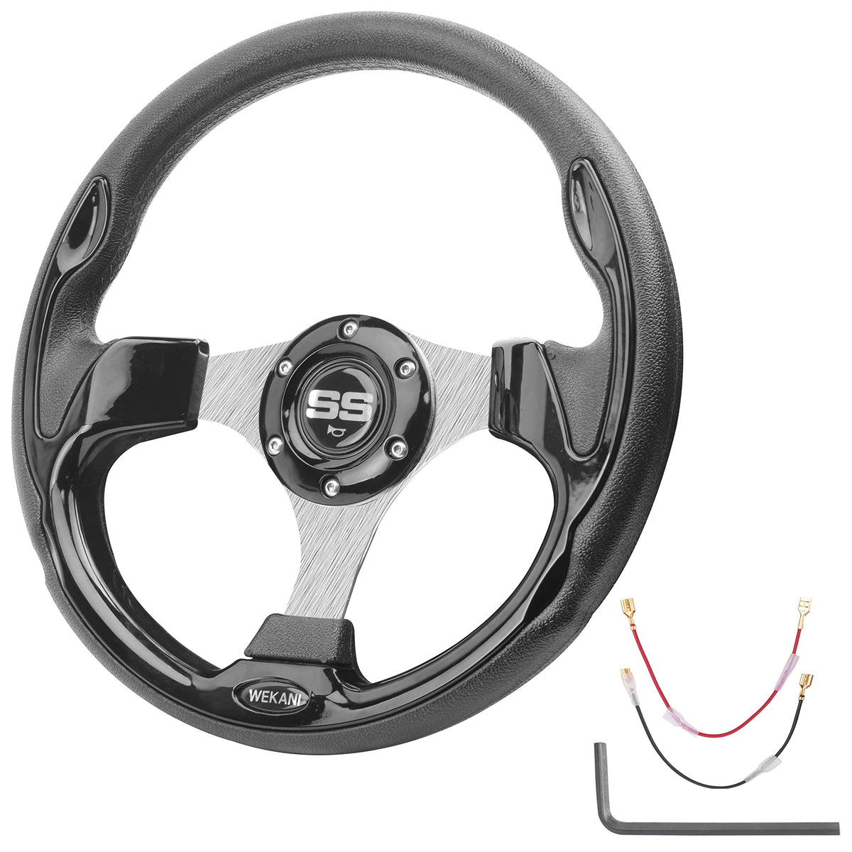 WEKANI golf cart steering wheel black fitment improves grip and universal compatibility.