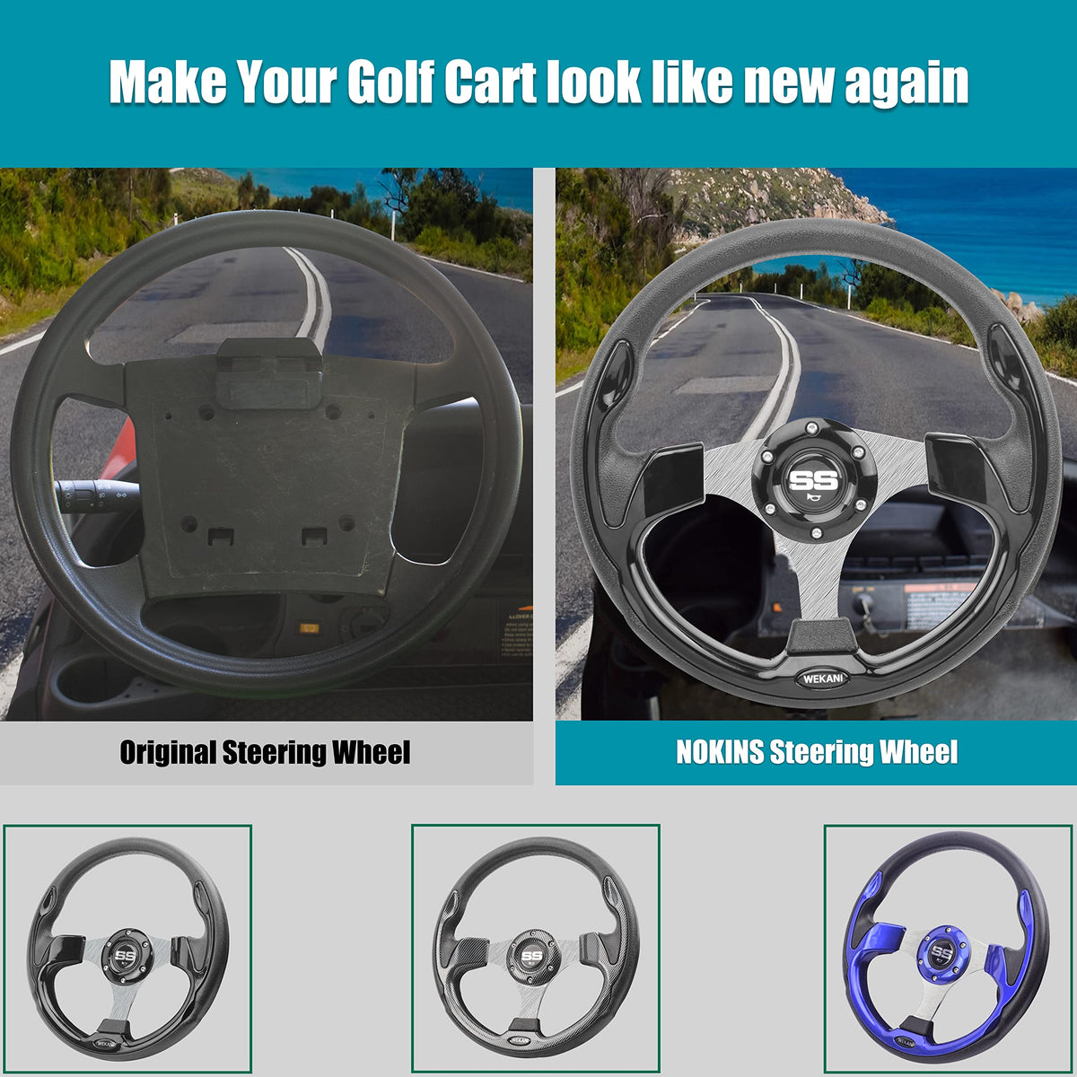 WEKANI steering wheel adds a stylish aesthetic to your golf cart.