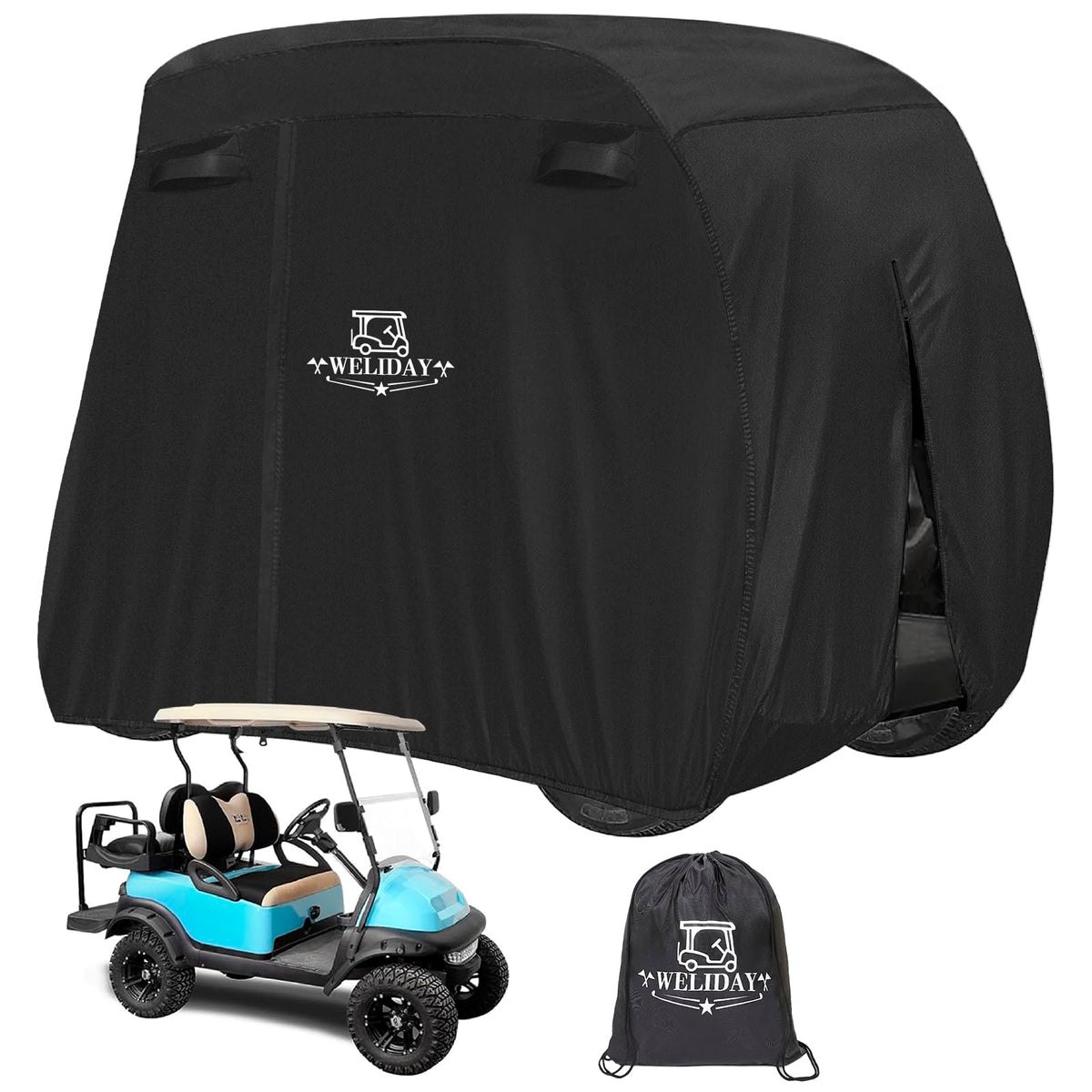 WELIDAY Yamaha front view golf cart cover protecting from sun and rain.