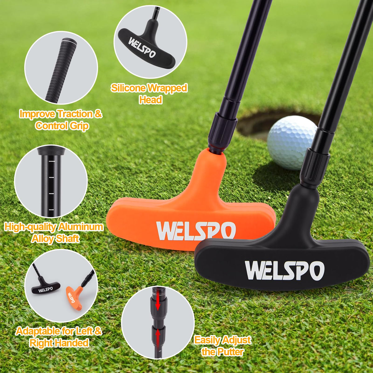 Welspo orange putter with adjustable length for players of all sizes