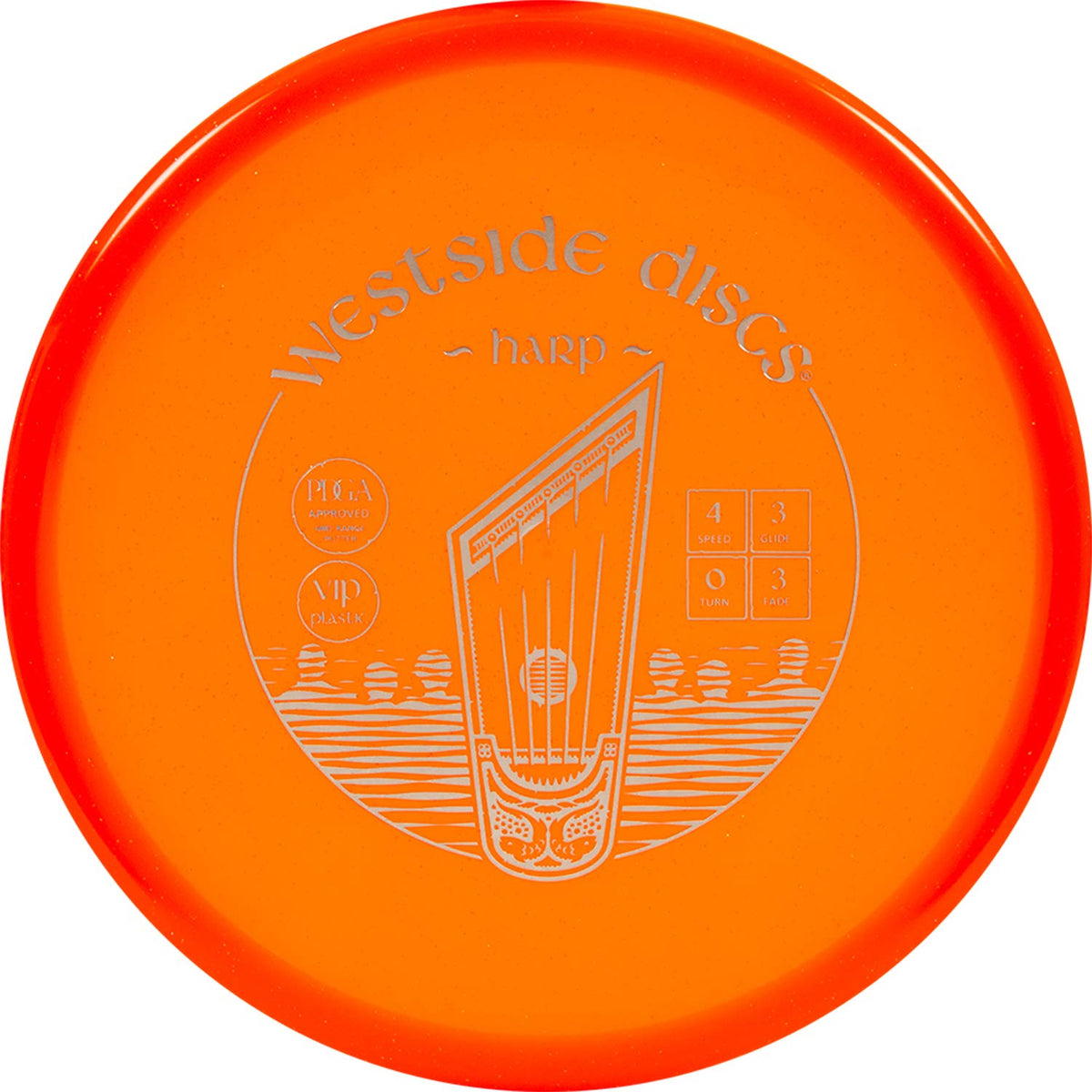 Westside Harp disc in orange VIP plastic for clear flight and reliable putts.