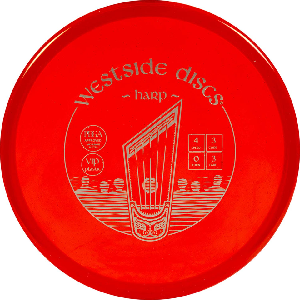 Westside Discs Harp putter, red translucent 176g, overstable flight for confident approaches.