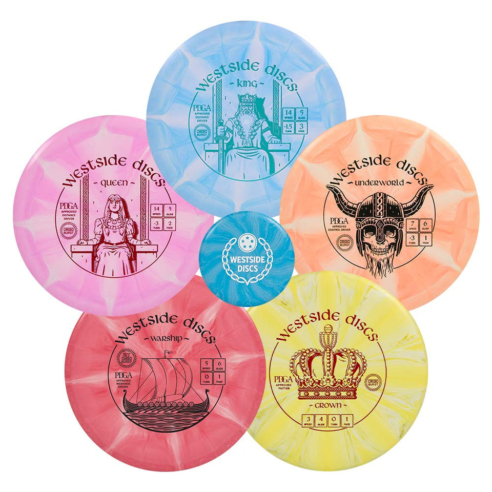 Westside Origio Burst 5-Disc Set pack shot, beginner-friendly discs for versatile on-course shots