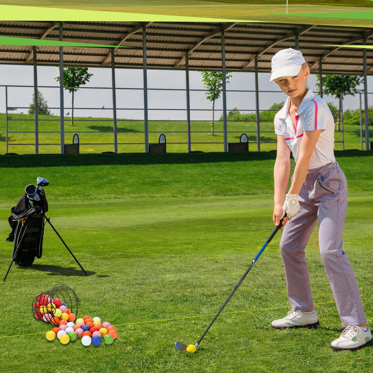 Wettarn golf ball basket storage at driving range keeps balls neatly organized.