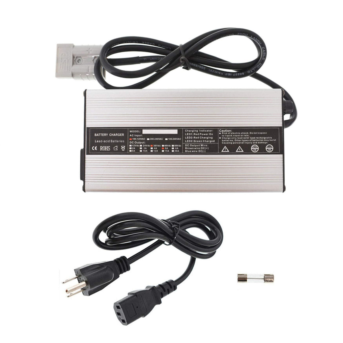 WFLNHB 36V 5A charger for EZGO SB50 flat plug on 83-94 models, ready for overnight charging.