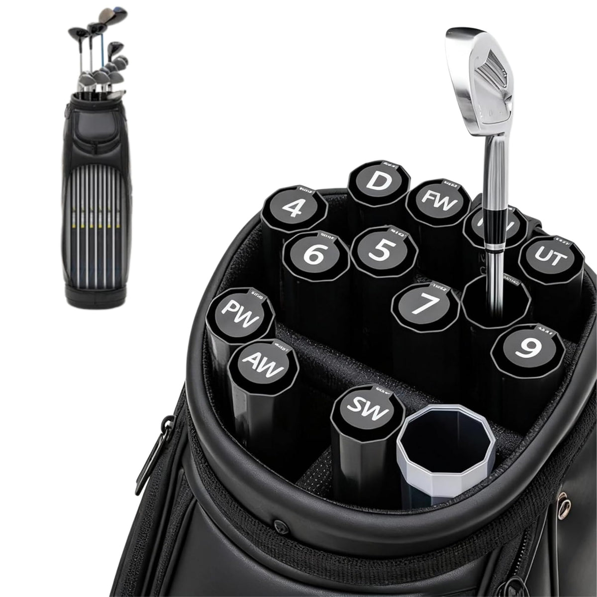 WGFOV Club Shield tube front view shows compact, organized storage prevents club loss during play.