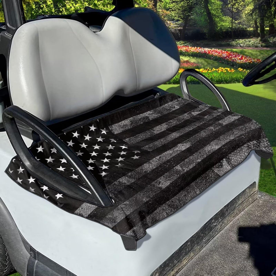 Whosucclay American flag print golf cart seat cover protects seats from dust on the go.