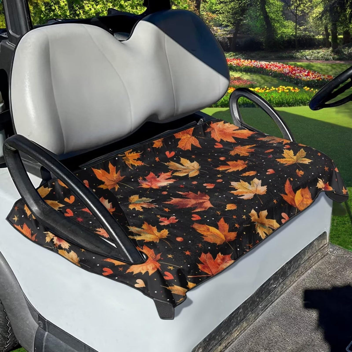 Whosucclay maple leaf pattern seat cover protects golf cart seats.