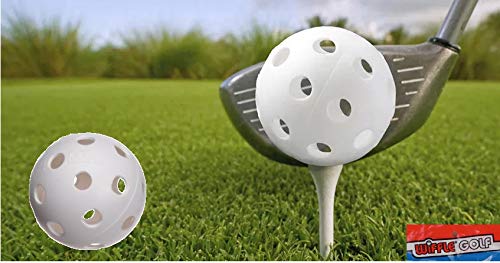 WIFFLE perforated ball in pitching machine compatible with golf-ball-sized feed.