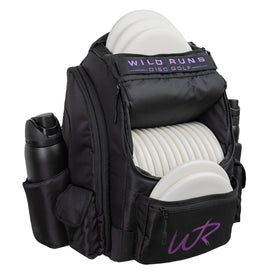 Wild Runs premium backpack front view, spacious main compartment for 20+ discs on long rounds.