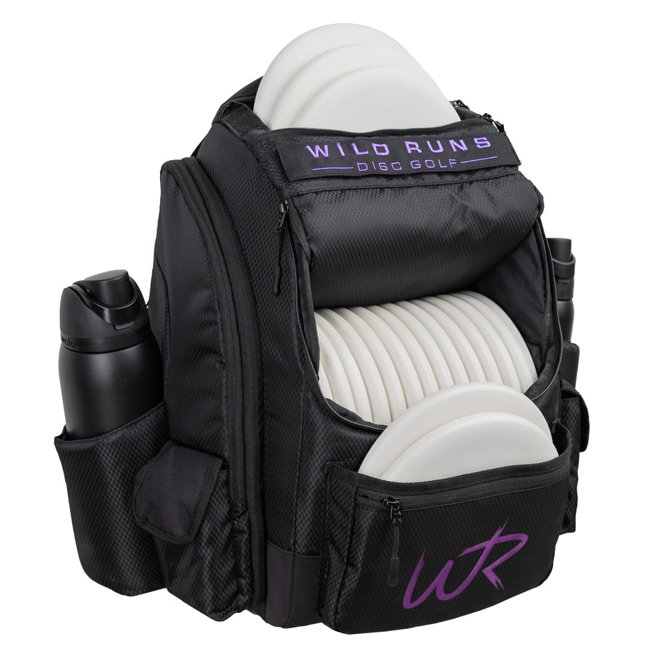 Wild Runs premium backpack front view, spacious main compartment for 20+ discs on long rounds.