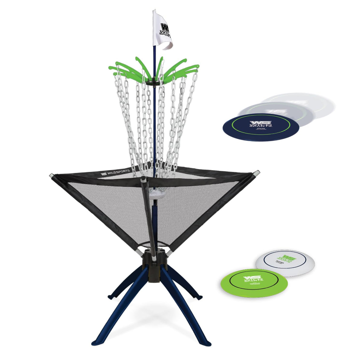 Wild Sports disc golf basket, assembled and ready for backyard play.