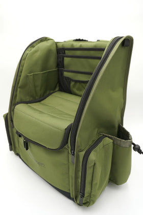 Wildhopperz disc golf backpack interior shows 26 disc capacity and organized layout