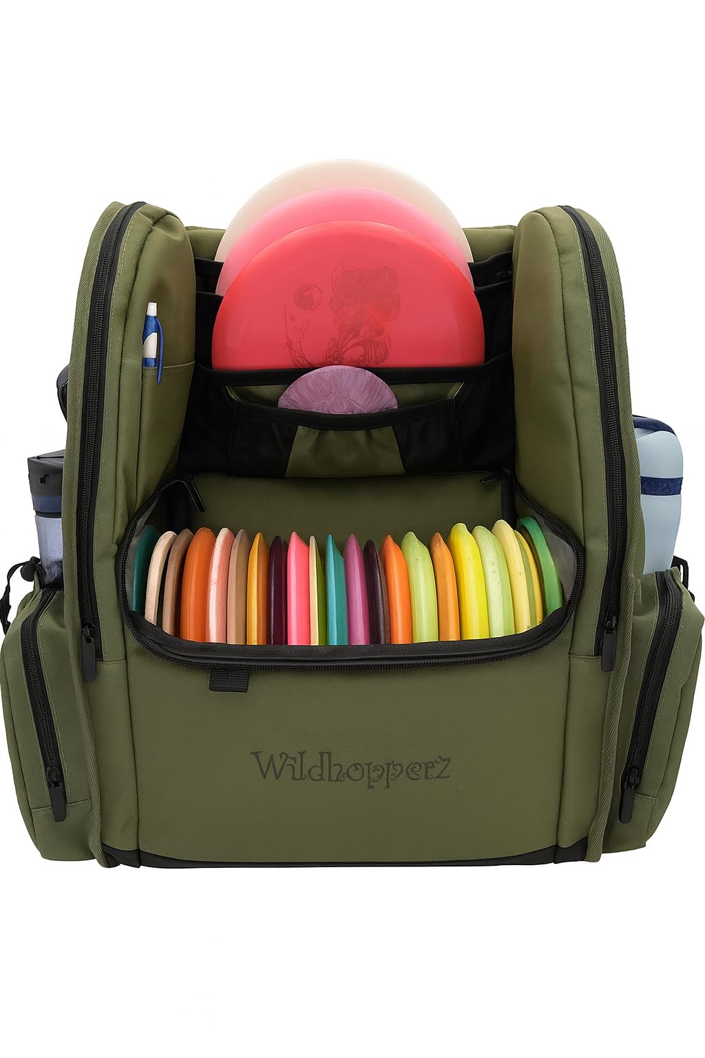 Wildhopperz disc golf backpack front view demonstrates rugged durability for all weather rounds
