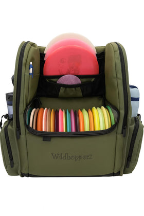 Wildhopperz disc golf backpack front view demonstrates rugged durability for all weather rounds