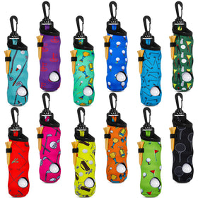 WillBond golf ball tee holder neoprene pouch in multicolor array for easy on-course organization.
