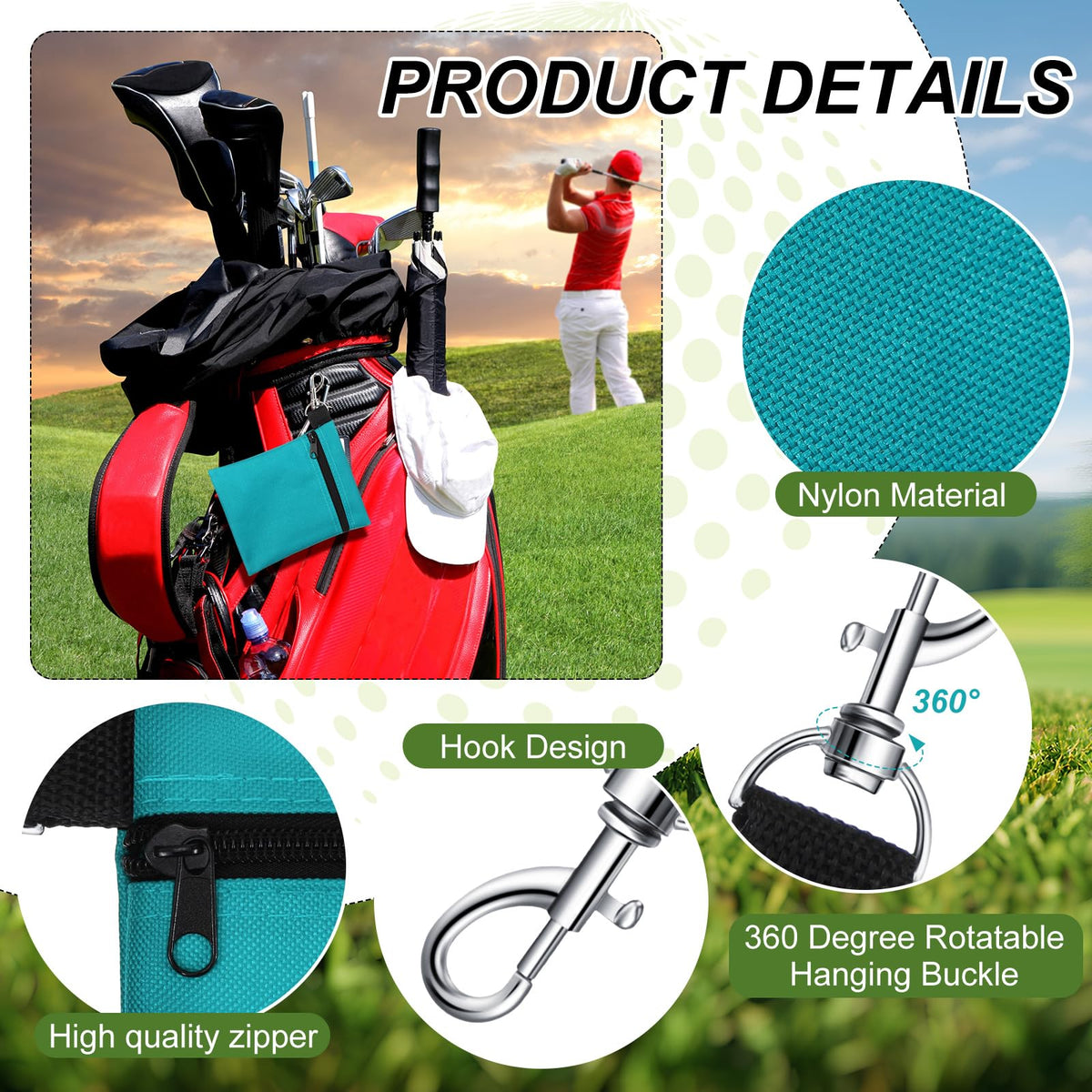 WILLBOND golf tee pouch with 360-degree clip lets you attach anywhere.