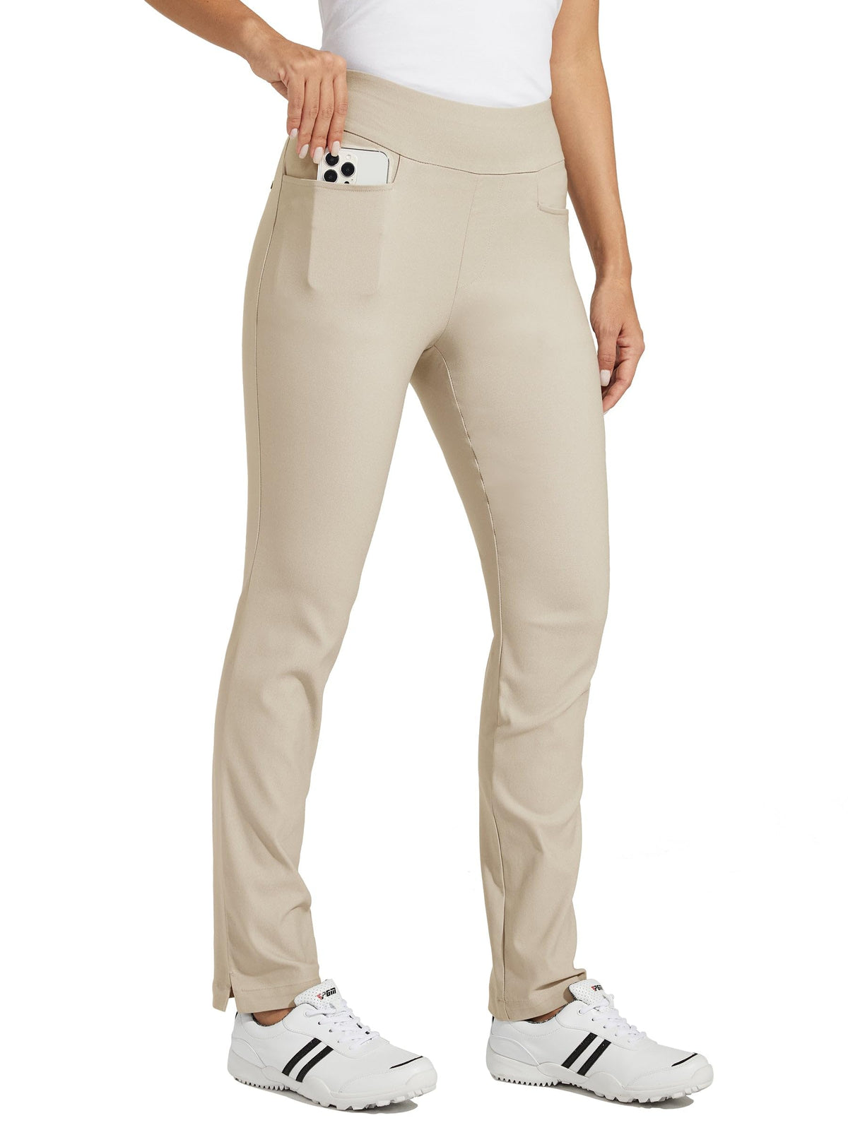 Willit women's golf pants feature faux fly for a classic look.