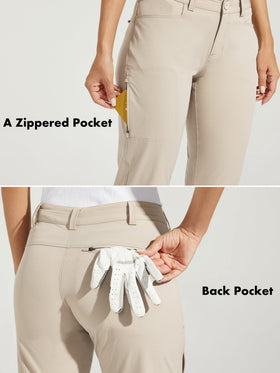 Willit women's golf pants in use during hiking, demonstrating comfort and freedom of movement.