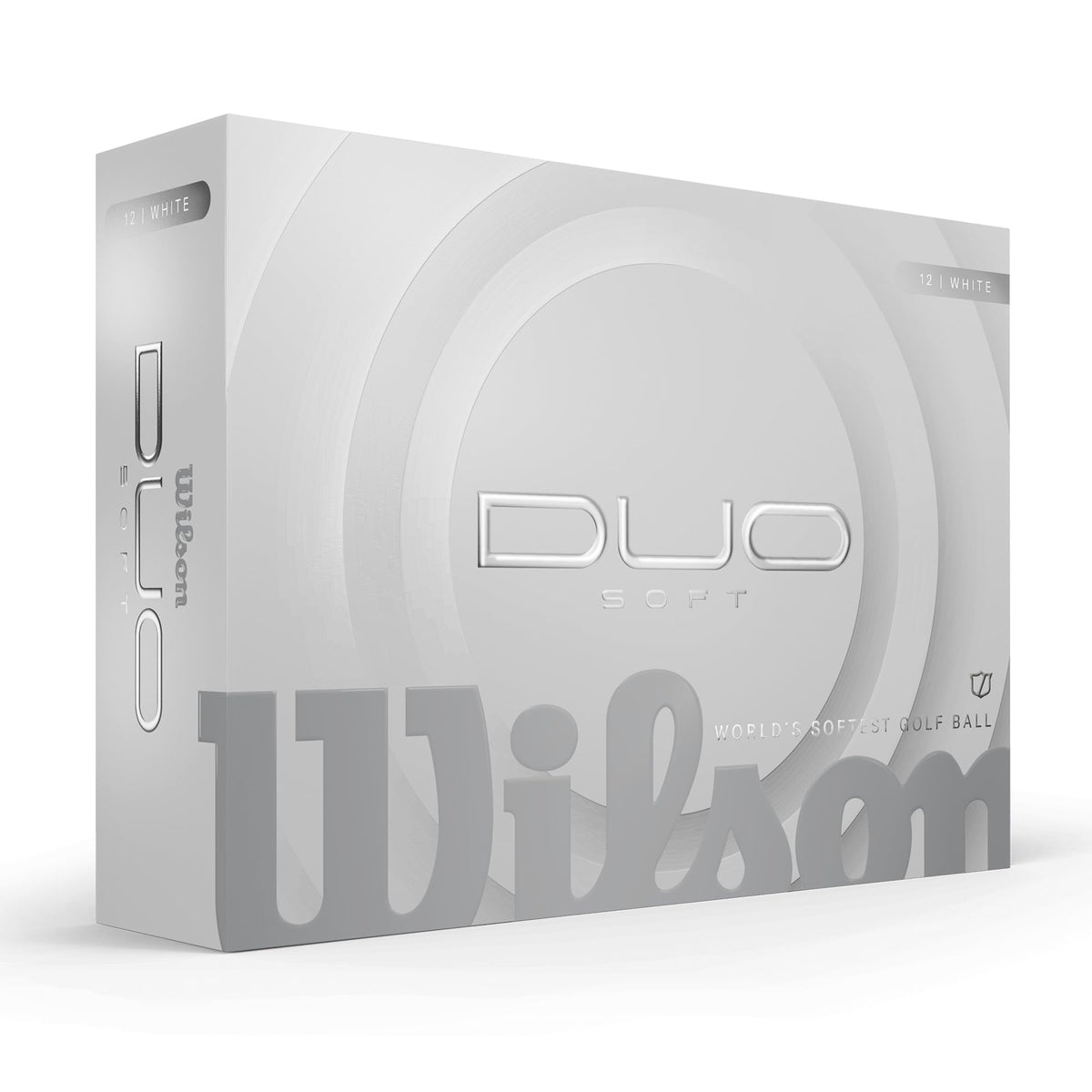 Wilson 2025 Duo Soft 12-pack box display shows premium packaging and white finish.