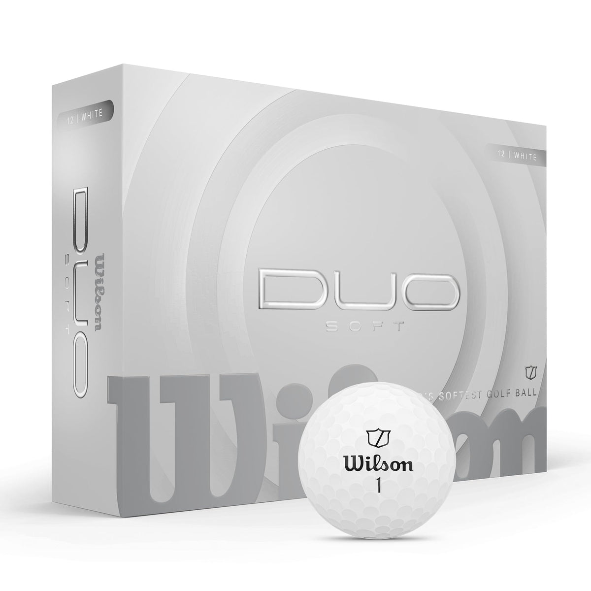 Wilson 2025 Duo Soft balls white pack front shows 12-pack visibility and soft feel on impact.