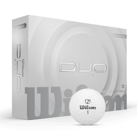 Wilson 2025 Duo Soft balls white pack front shows 12-pack visibility and soft feel on impact.