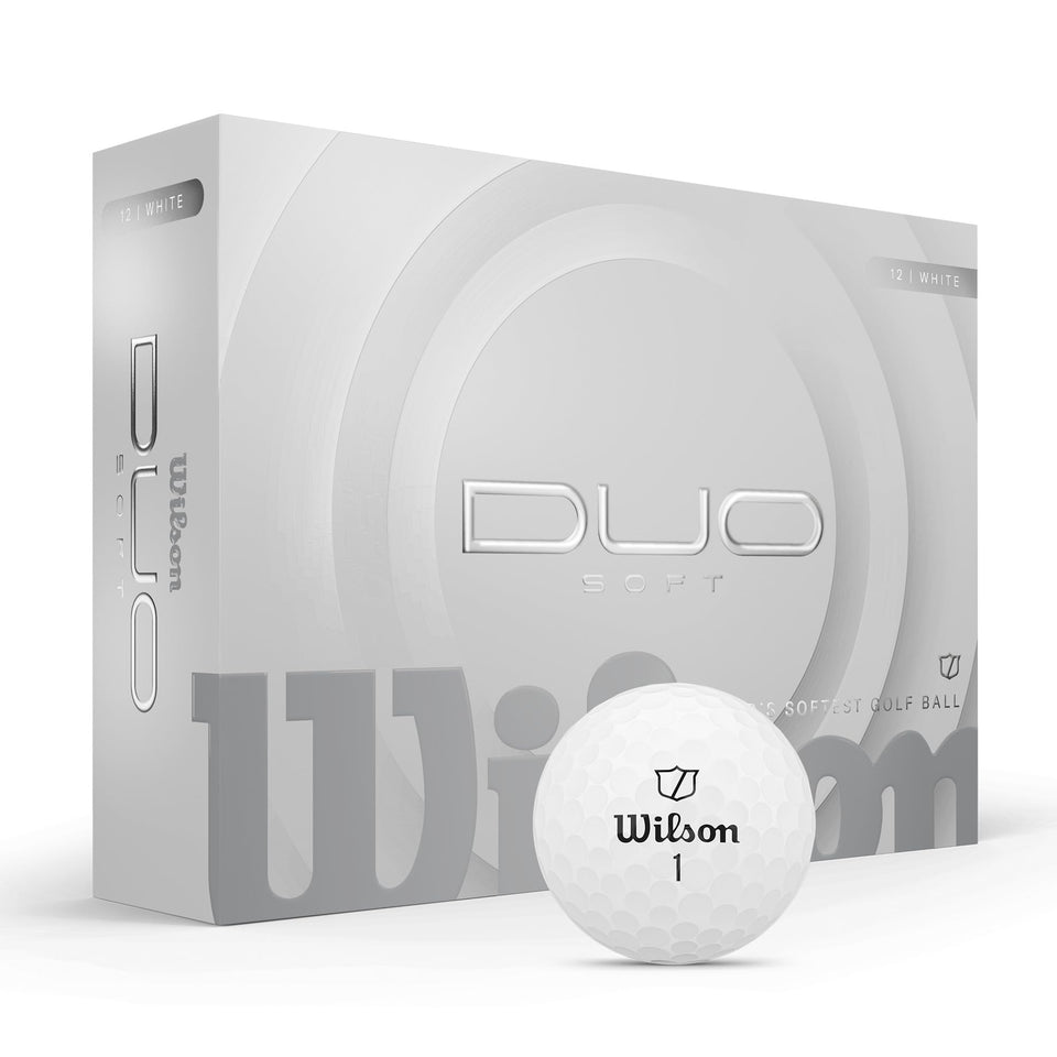 Wilson 2025 Duo Soft balls white pack front shows 12-pack visibility and soft feel on impact.