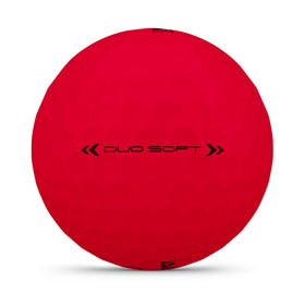 Wilson 2025 Duo Soft red ball branding close-up—clear visibility and control.