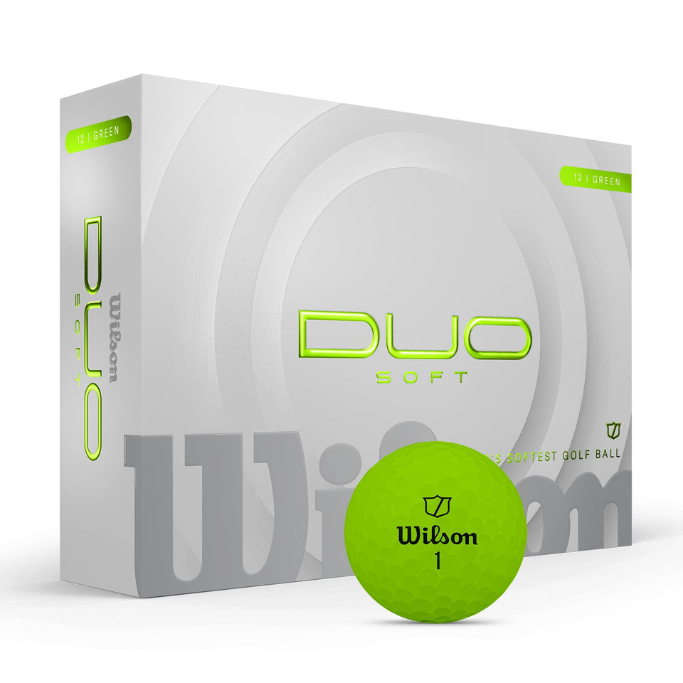 Wilson 2025 Duo Soft green 12-pack on display with soft feel and visibility.