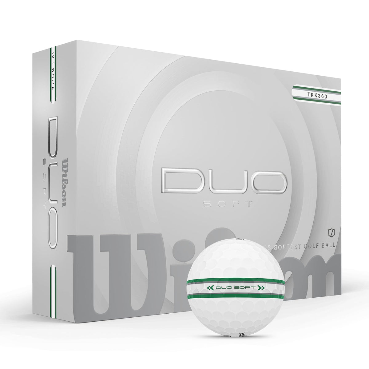 Wilson 2025 Duo Soft TRK360 golf balls with green and silver stripe for soft feel and longer distance.