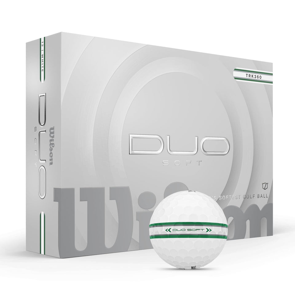Wilson 2025 Duo Soft TRK360 golf balls with green and silver stripe for soft feel and longer distance.