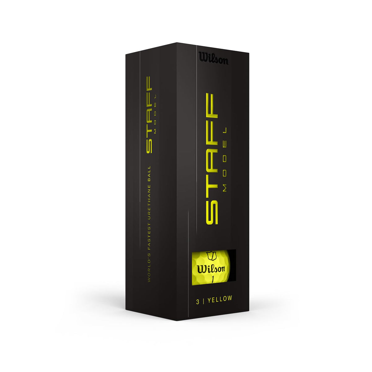 Boxed display of Wilson 2026 Staff Model yellow 12-pack with near-flawless finish