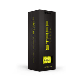 Boxed display of Wilson 2026 Staff Model yellow 12-pack with near-flawless finish