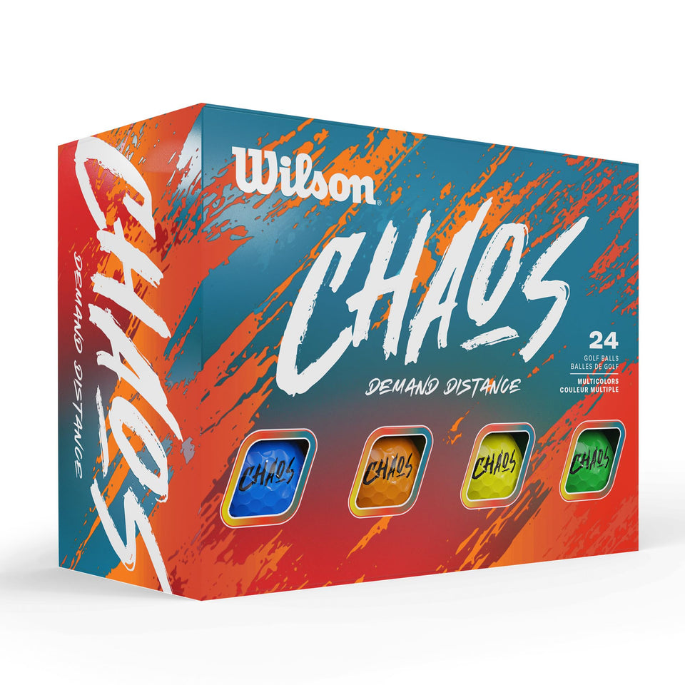 Wilson CHAOS 2024 balls pack front view with multicolor finish for easy course tracking.