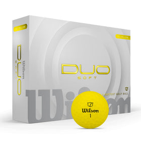 Wilson Duo Soft yellow golf balls 12-pack displayed on tee for smooth feel