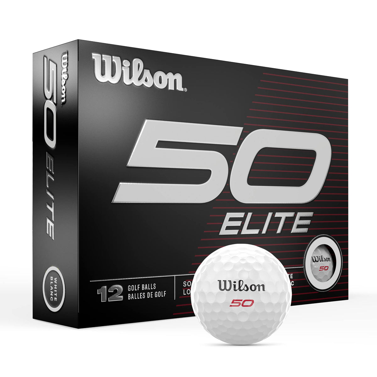 Wilson Fifty Elite golf balls 12-pack in white cover delivering distance and soft feel.